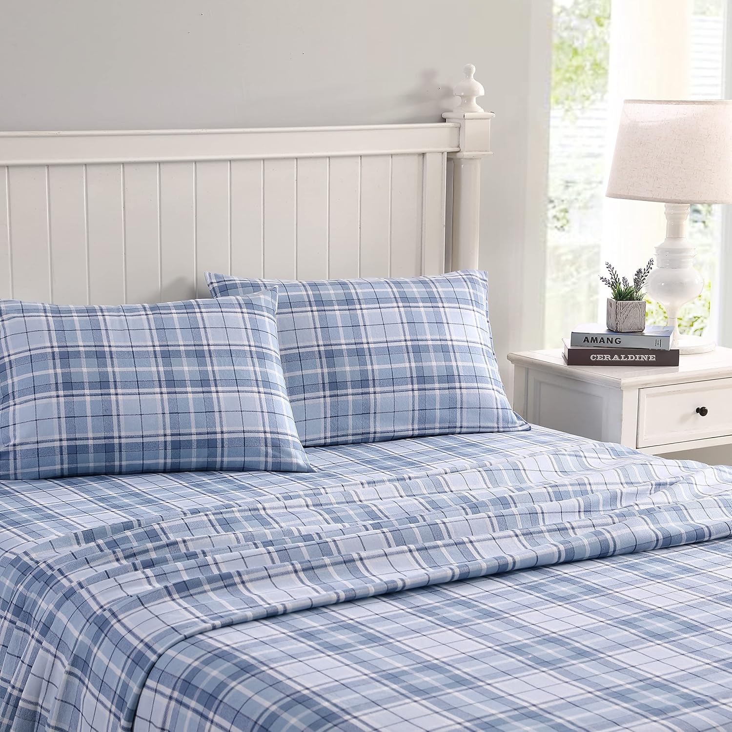 Laura Ashley - Flannel Sheets Queen Size, Anti-Pilling & Wrinkle Resistant Cotton, Touchably Soft for All-Season Comfort - Bed Sheets with Matching Pillowcases & Fitted Sheet (Mulholland Plaid Blue)