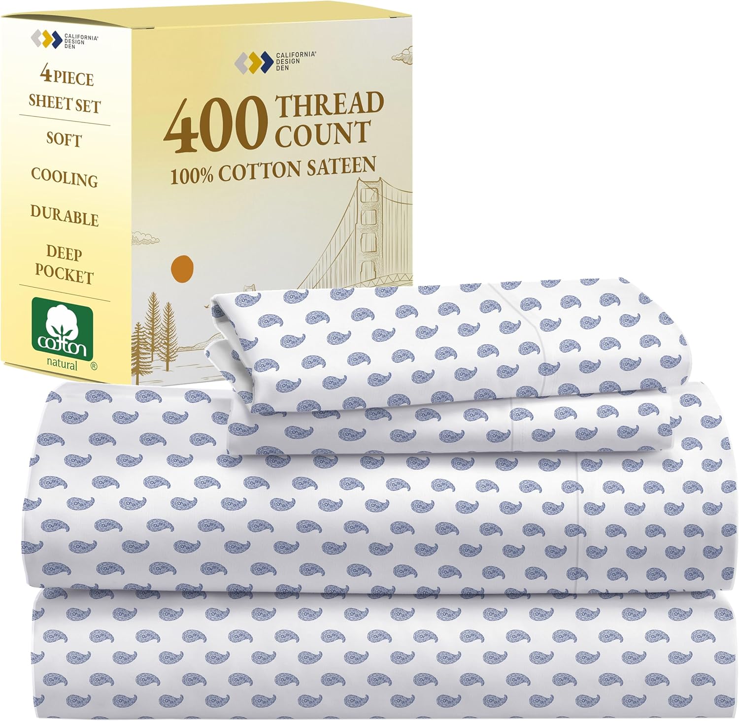 California Design Den Natural 100% Cotton Sheets Queen Size Bed Set - Soft 400 Thread Count Sateen, Queen Sheets, Deep Pockets with All Around Elastic for a Snug Fit, Durable Bedding - White