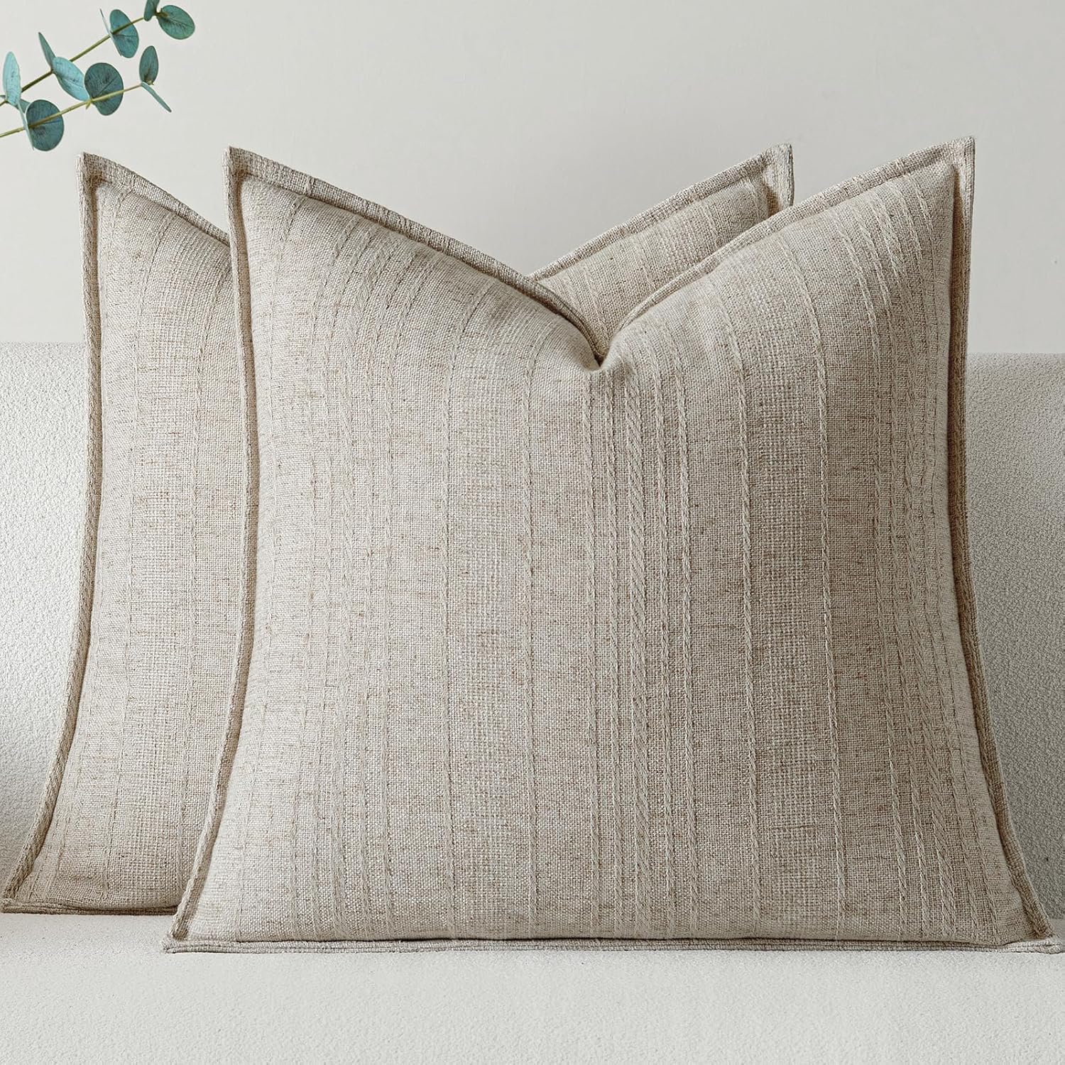 a moment Linen Pillow Covers Set of 2,Boho Farmhouse Throw Pillowcases Neutral Textured Decorative Covers for Couch Sofa,Soft Linen Blend Accent Case Cushion Living Room Home Decor 24"x24"Ivory