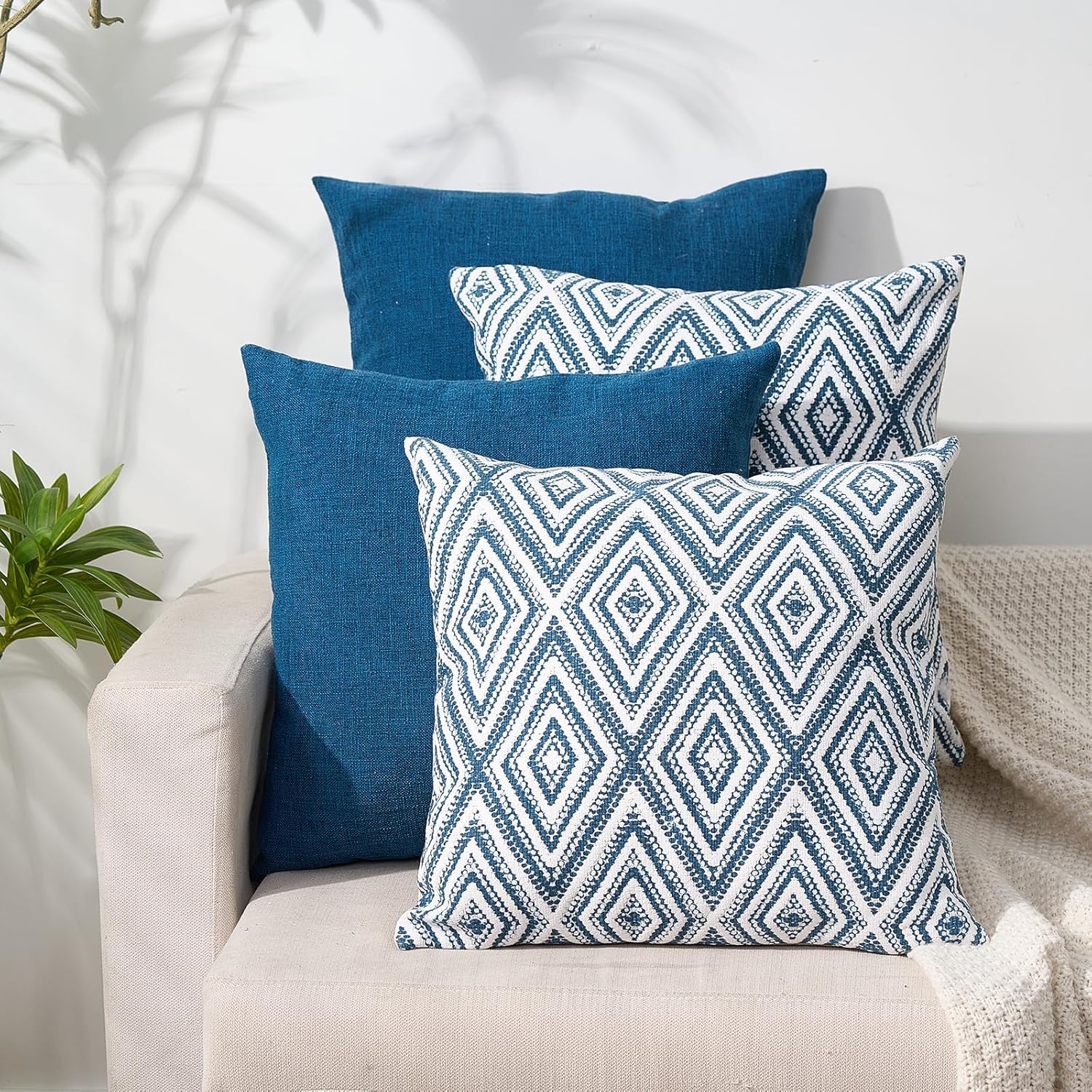 HPUK Decorative Throw Pillow Covers Set of 4 Geometric Design Linen Cushion Cover for Couch Sofa Living Room, 20"x20" inches, Aqua Blue