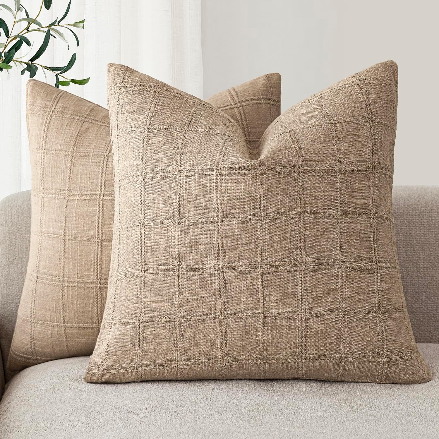 Foindtower Set of 2 Decorative Linen Check Throw Pillow Covers Neutral Farmhouse Vintage Cushion Covers Modern Boho Home Decor for Sofa Chair Couch Bedroom Living Room,26×26 Inch,Olive Green