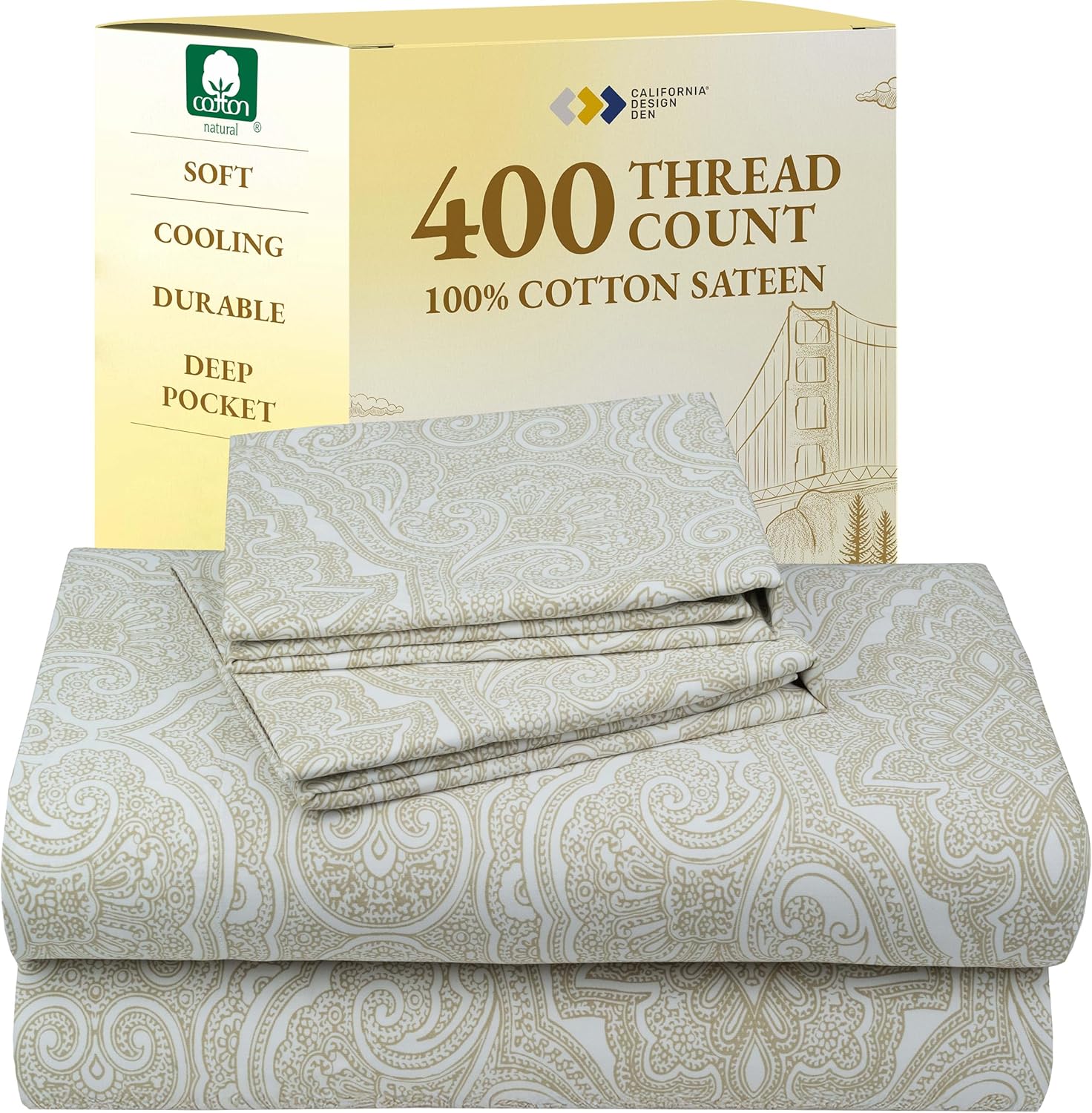 California Design Den Natural 100% Cotton Sheets Queen Size Bed Set - Soft 400 Thread Count Sateen, Queen Sheets, Deep Pockets with All Around Elastic for a Snug Fit, Durable Bedding - White