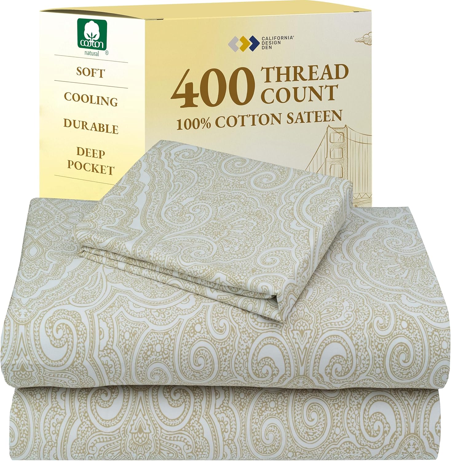 California Design Den Natural 100% Cotton Sheets Queen Size Bed Set - Soft 400 Thread Count Sateen, Queen Sheets, Deep Pockets with All Around Elastic for a Snug Fit, Durable Bedding - White