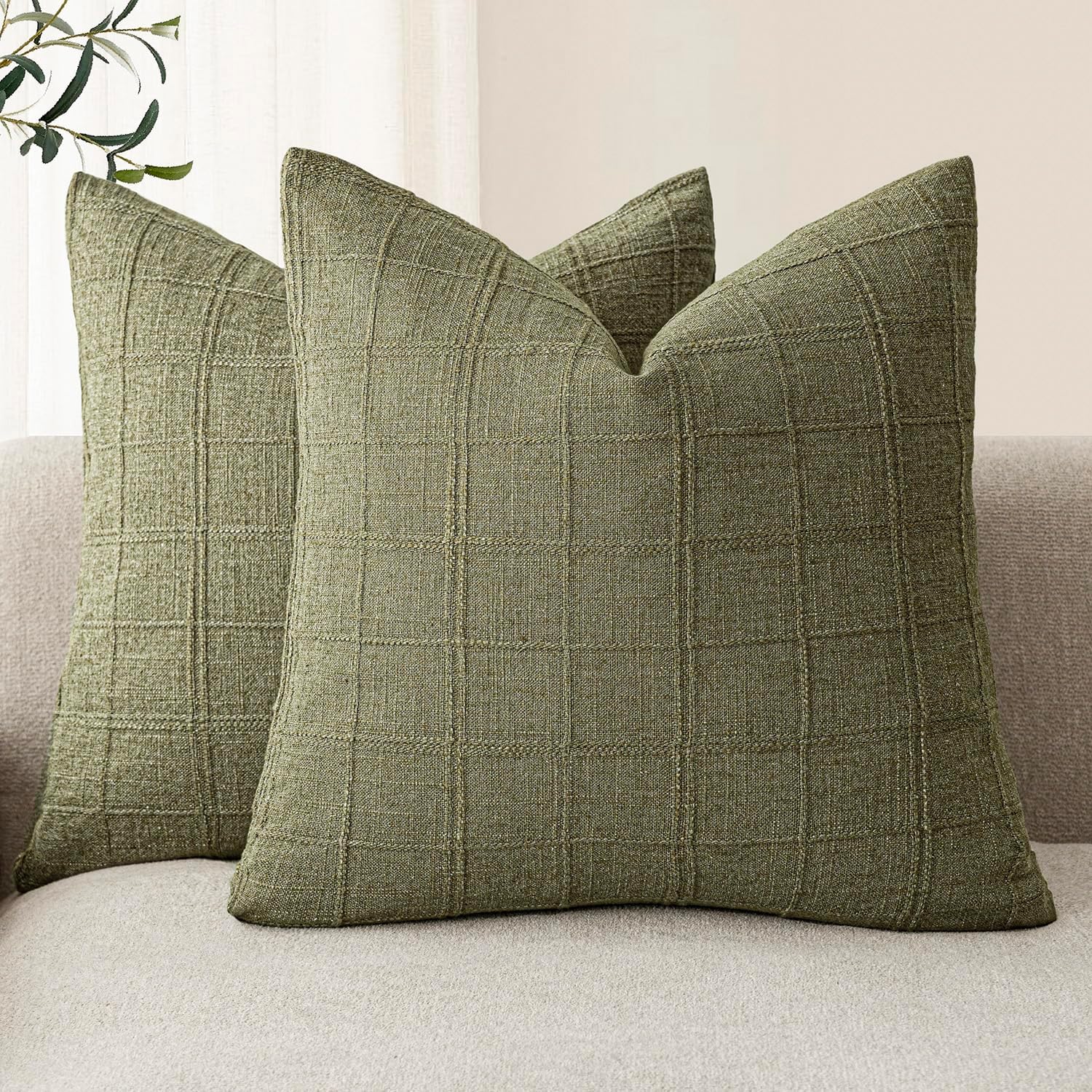 Foindtower Set of 2 Decorative Linen Check Throw Pillow Covers Neutral Farmhouse Vintage Cushion Covers Modern Boho Home Decor for Sofa Chair Couch Bedroom Living Room,26×26 Inch,Olive Green
