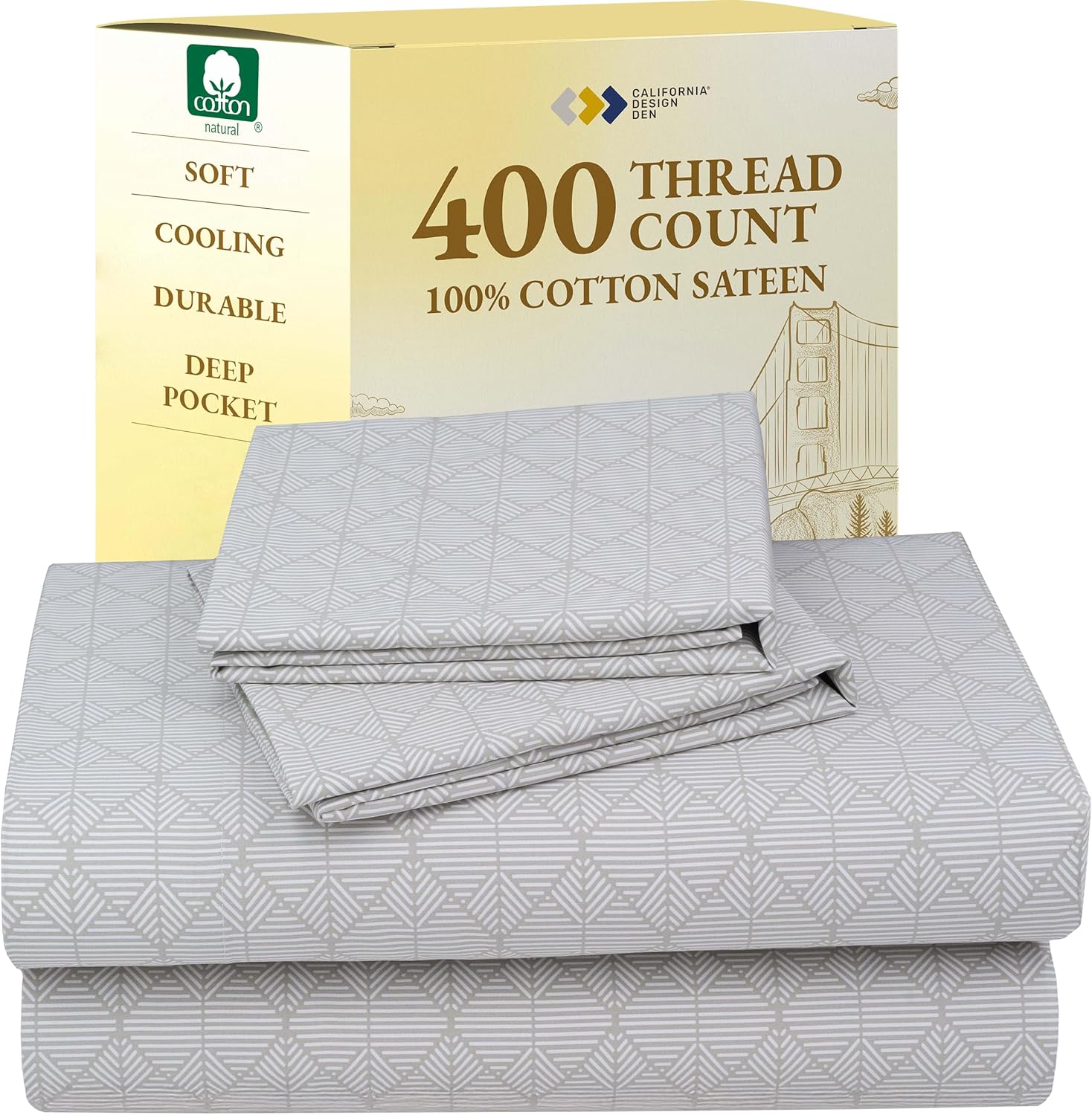 California Design Den Natural 100% Cotton Sheets Queen Size Bed Set - Soft 400 Thread Count Sateen, Queen Sheets, Deep Pockets with All Around Elastic for a Snug Fit, Durable Bedding - White
