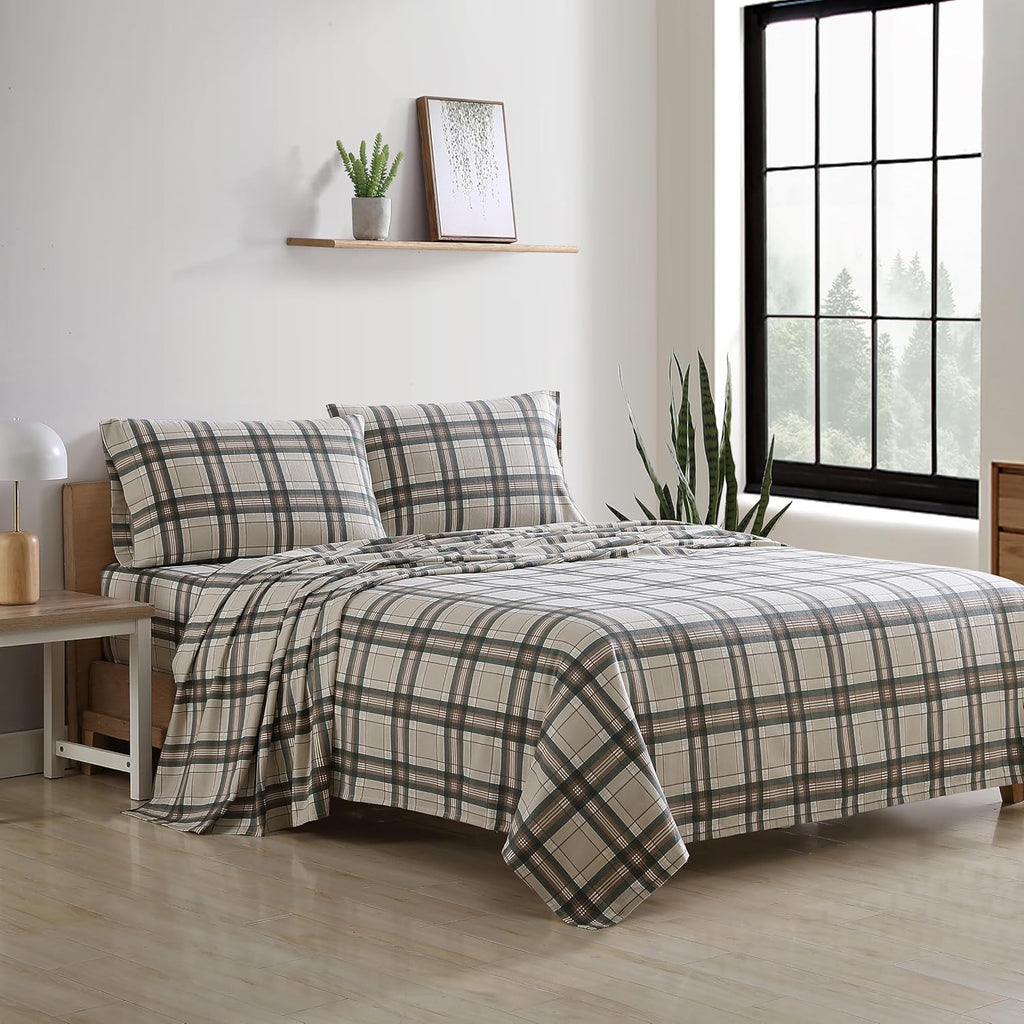 Eddie Bauer - Flannel Sheets Queen Size, Anti-Pilling & Wrinkle Resistant Cotton, Touchably Soft for All-Season Comfort - Bed Sheets with Matching Pillowcases & Fitted Sheet (Edgewood Plaid Green)