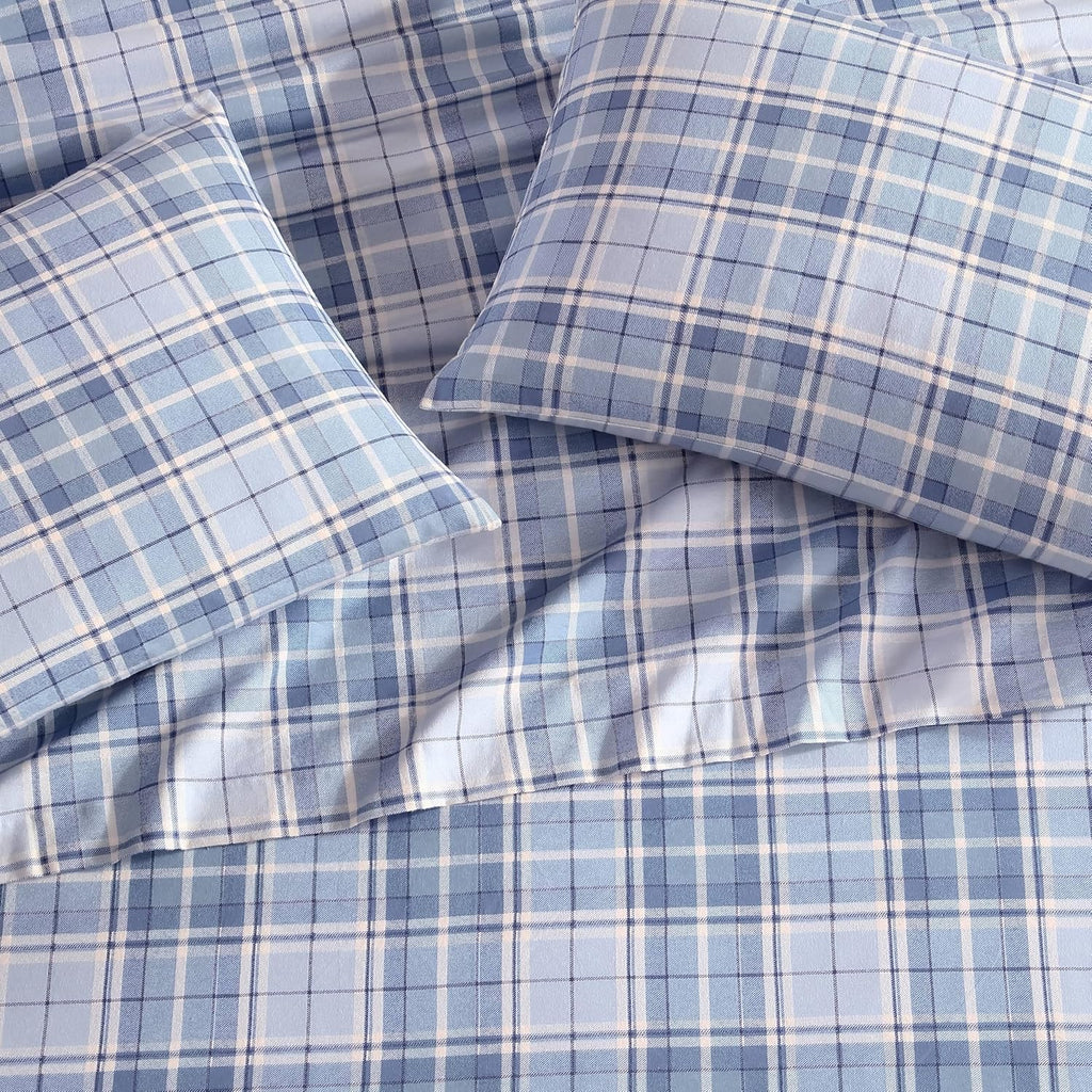 Laura Ashley - Flannel Sheets Queen Size, Anti-Pilling & Wrinkle Resistant Cotton, Touchably Soft for All-Season Comfort - Bed Sheets with Matching Pillowcases & Fitted Sheet (Mulholland Plaid Blue)
