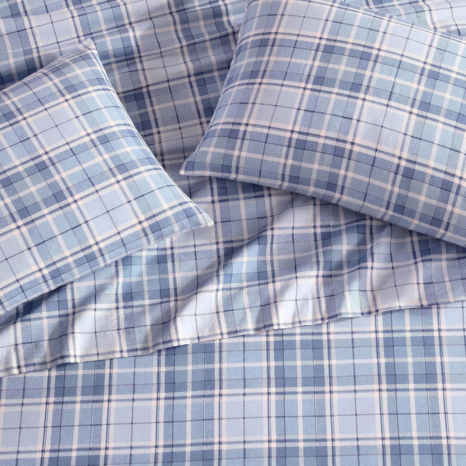 Laura Ashley - Flannel Sheets Queen Size, Anti-Pilling & Wrinkle Resistant Cotton, Touchably Soft for All-Season Comfort - Bed Sheets with Matching Pillowcases & Fitted Sheet (Mulholland Plaid Blue)
