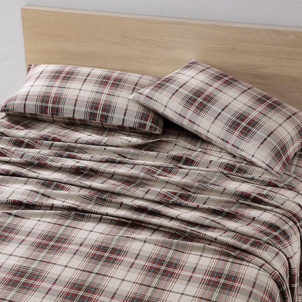 Eddie Bauer - Flannel Sheets Queen Size, Anti-Pilling & Wrinkle Resistant Cotton, Touchably Soft for All-Season Comfort - Bed Sheets with Matching Pillowcases & Fitted Sheet (Montlake Plaid Red)