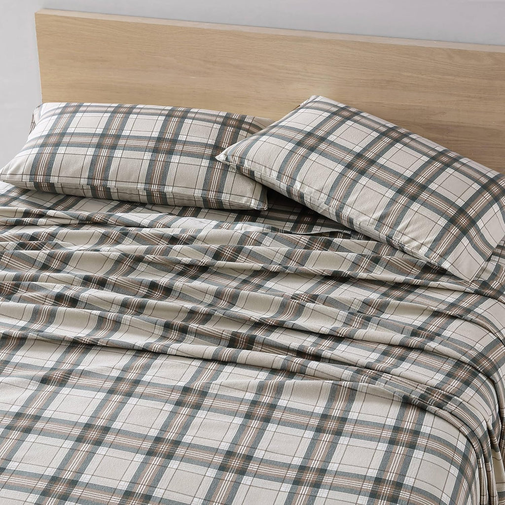 Eddie Bauer - Flannel Sheets Queen Size, Anti-Pilling & Wrinkle Resistant Cotton, Touchably Soft for All-Season Comfort - Bed Sheets with Matching Pillowcases & Fitted Sheet (Edgewood Plaid Green)